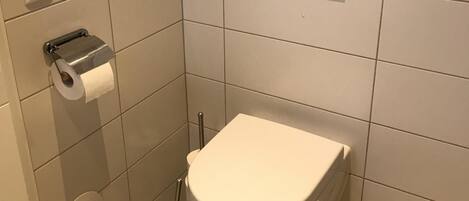 A modern bathroom with a toilet, a paper towel dispenser, a flush handle, and a bidet.