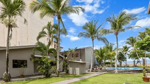 A courtyard with palm trees, a pool, and a building with a flat roof.
