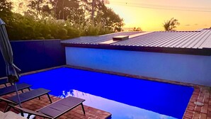 A rectangular swimming pool with a blue tint, surrounded by a brick patio and a metal roof.