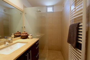 Douche, séchoir à cheveux, serviettes fournies