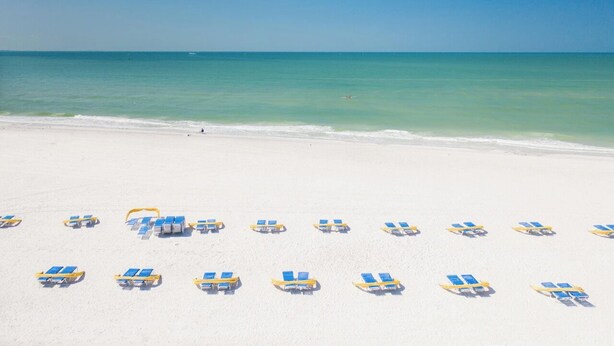 A beach with rows of sun loungers and a clear view of the ocean.