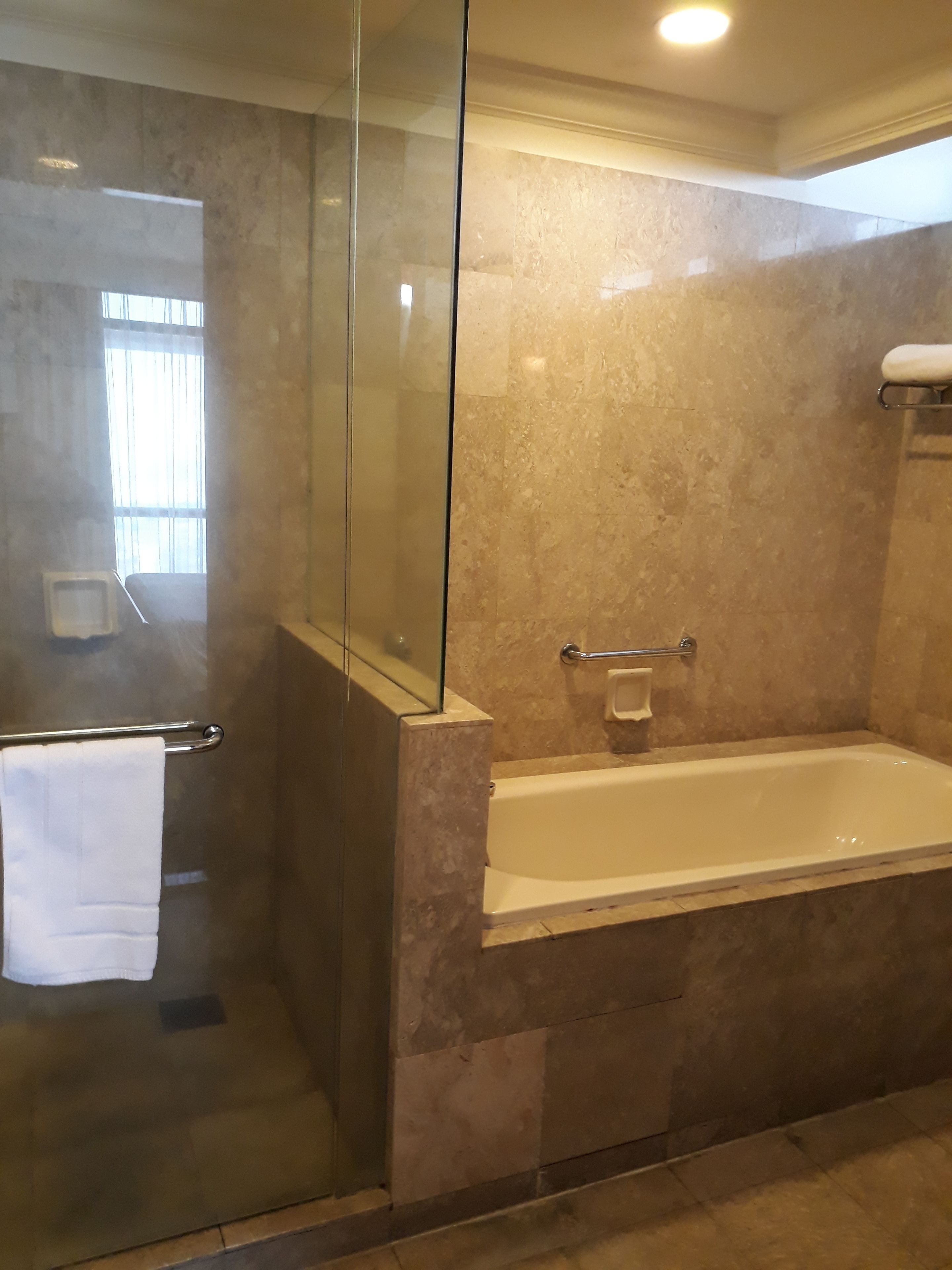 A modern bathroom with a glass-enclosed shower, a bathtub, and a toilet.