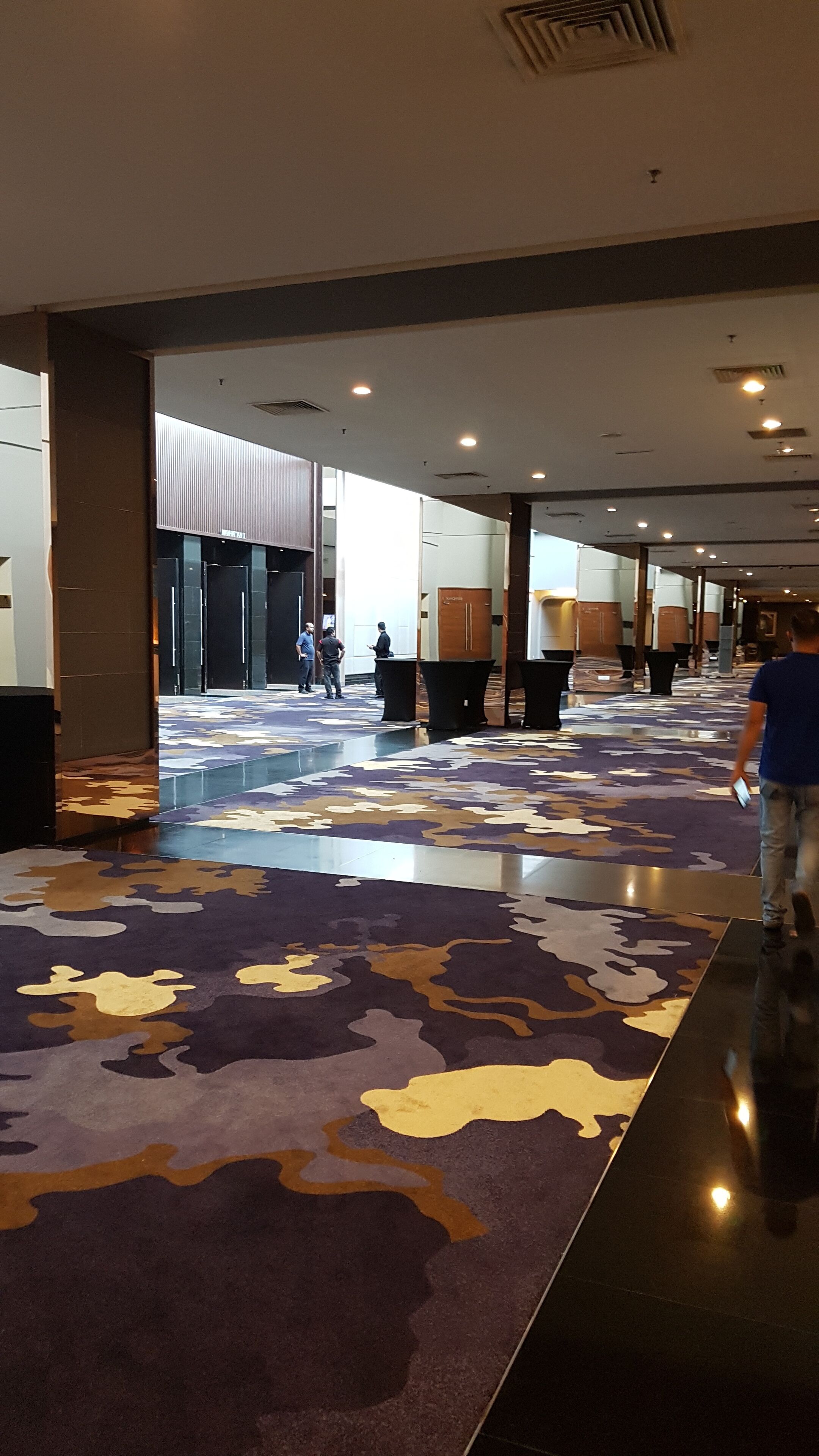 A hotel lobby with a patterned carpet, large windows, and a modern design.