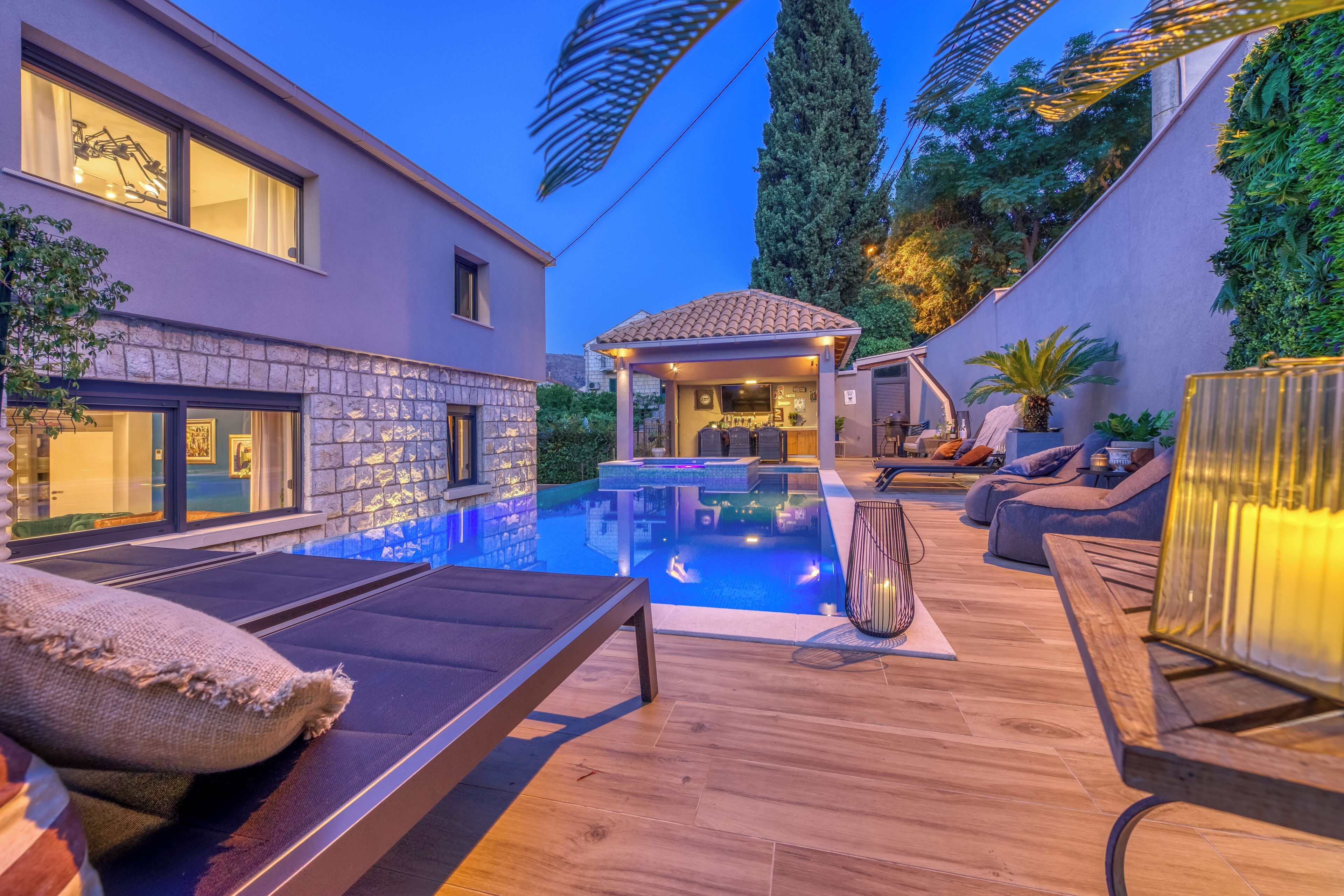 Outdoor pool, a heated pool, sun loungers