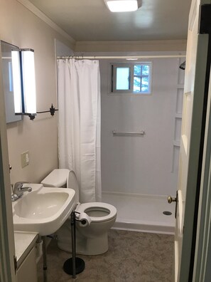 Un baño con inodoro, lavamanos y ducha.