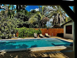 Ein Pool mit Liegestühlen, umgeben von üppiger tropischer Vegetation und einem Holzzaun.