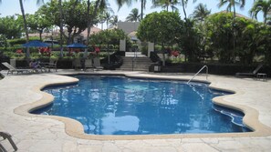 Relax by the unique pool surrounded by lush greenery and comfortable lounge chairs.