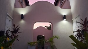 A narrow pathway leading to a building entrance with a pink facade, flanked by potted plants and a staircase.