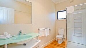 A bathroom with a glass sink, a toilet, and a glass shower enclosure. - Bella Vista - Apollo Bay (Apollo Bay)