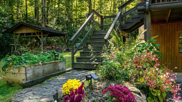 A wooden staircase leading to a cabin surrounded by a garden with various flowers and plants. - Dupont Forest Trailside Cabin (Hendersonville)