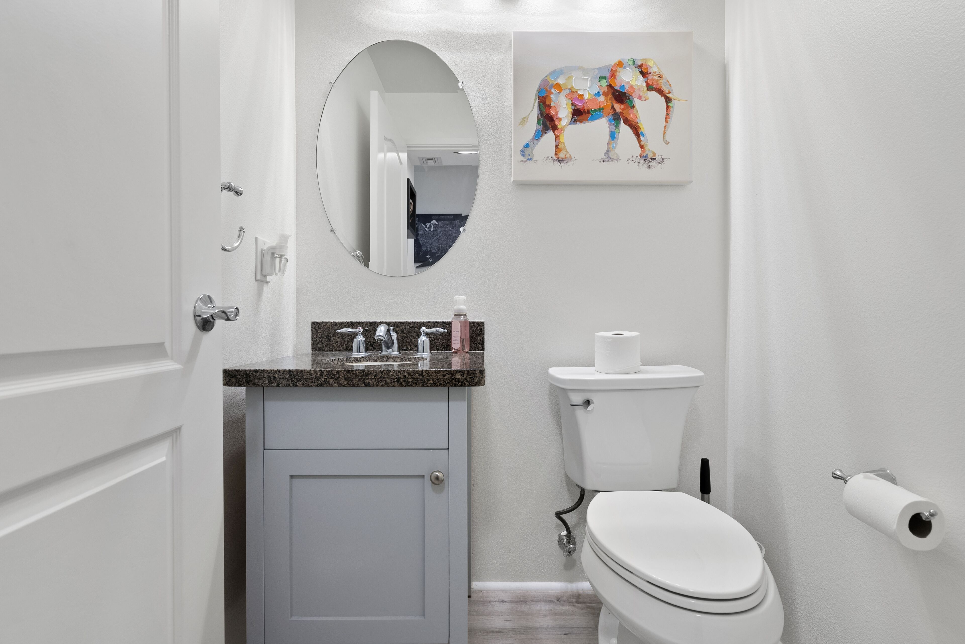 Shower, hair dryer, towels, toilet paper