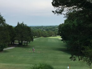Un parcours de golf avec un tracé bien défini, des arbres et une vue dégagée sur des maisons au loin.