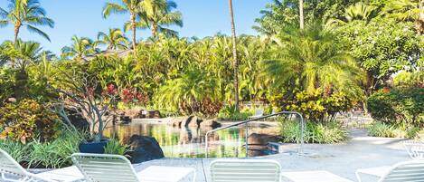 A pool area with lounge chairs, palm trees, and a clear blue sky.