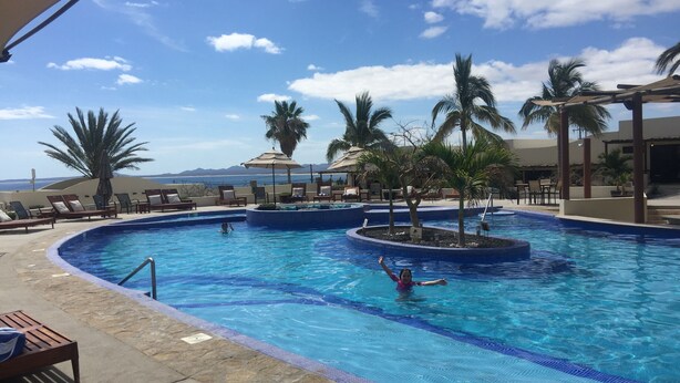 Une piscine avec un élément décoratif aquatique à l’eau d’un bleu limpide, entourée de chaises longues et de palmiers.