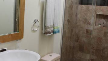 Shower, hair dryer, towels, soap