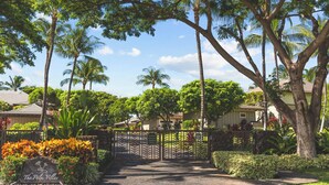 Un cancello chiuso all'ingresso di una proprietà con palme e un cartello che recita 'The Palm Villas'.