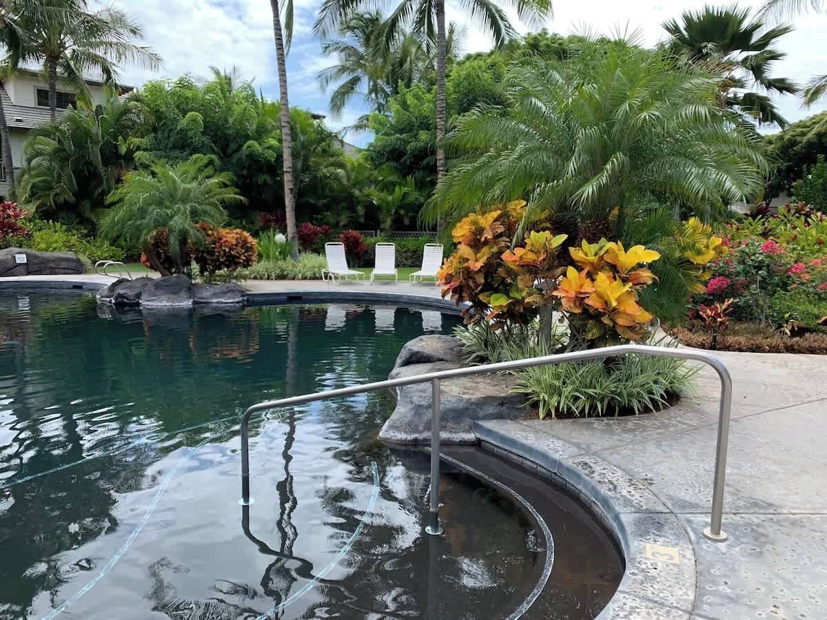 A swimming pool with a metal handrail, surrounded by tropical plants and palm trees.