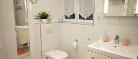 A bathroom with a toilet, sink, and mirror. There is a plant on the counter and a towel rack above the sink.