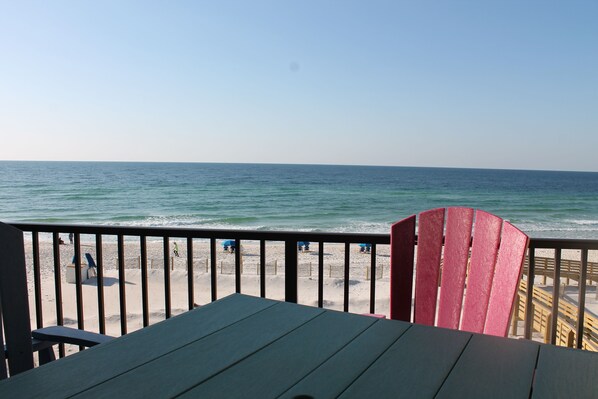 A wooden deck with a view of the beach and ocean. - Fall at the beach is amazing ! Same beautiful beach, great weather & NO crowds (Orange Beach)