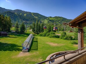 A scenic view of a mountain with a cable car system, a greenhouse, and a wooden building structure.