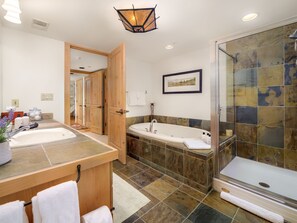 Combined shower/bathtub, jetted bath, hair dryer, towels - RMR: Cody House C Condo in Teton Village (Teton Village)
