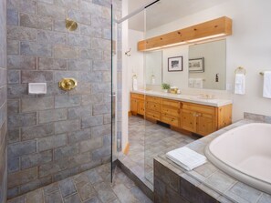 Combined shower/tub, hair dryer, towels