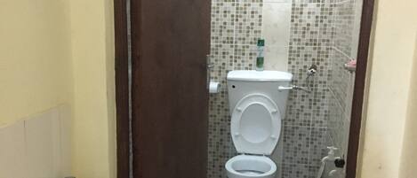 Shower, towels, soap, toilet paper