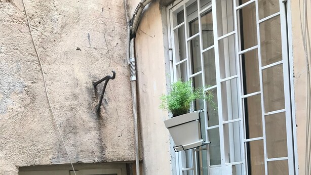 A building exterior with a window, a door, and multiple hanging planters with greenery. - Via Crispi Spanish Steps Apartment. New right in the central elegant and quiet (Roma)