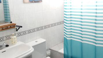 Hair dryer, towels, soap, shampoo