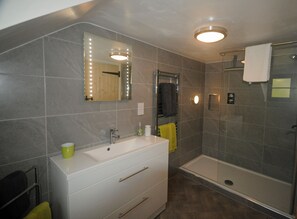 Shower, hair dryer, towels, soap