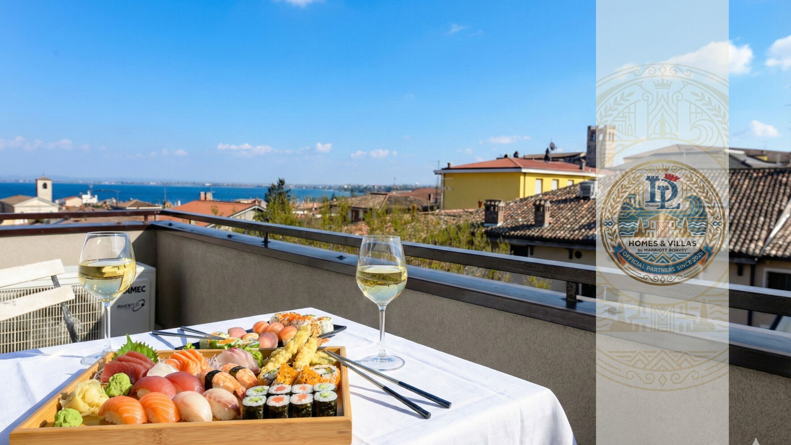 Una mesa con variado sushi y dos copas de vino blanco en un balcón con vistas a una ciudad costera.