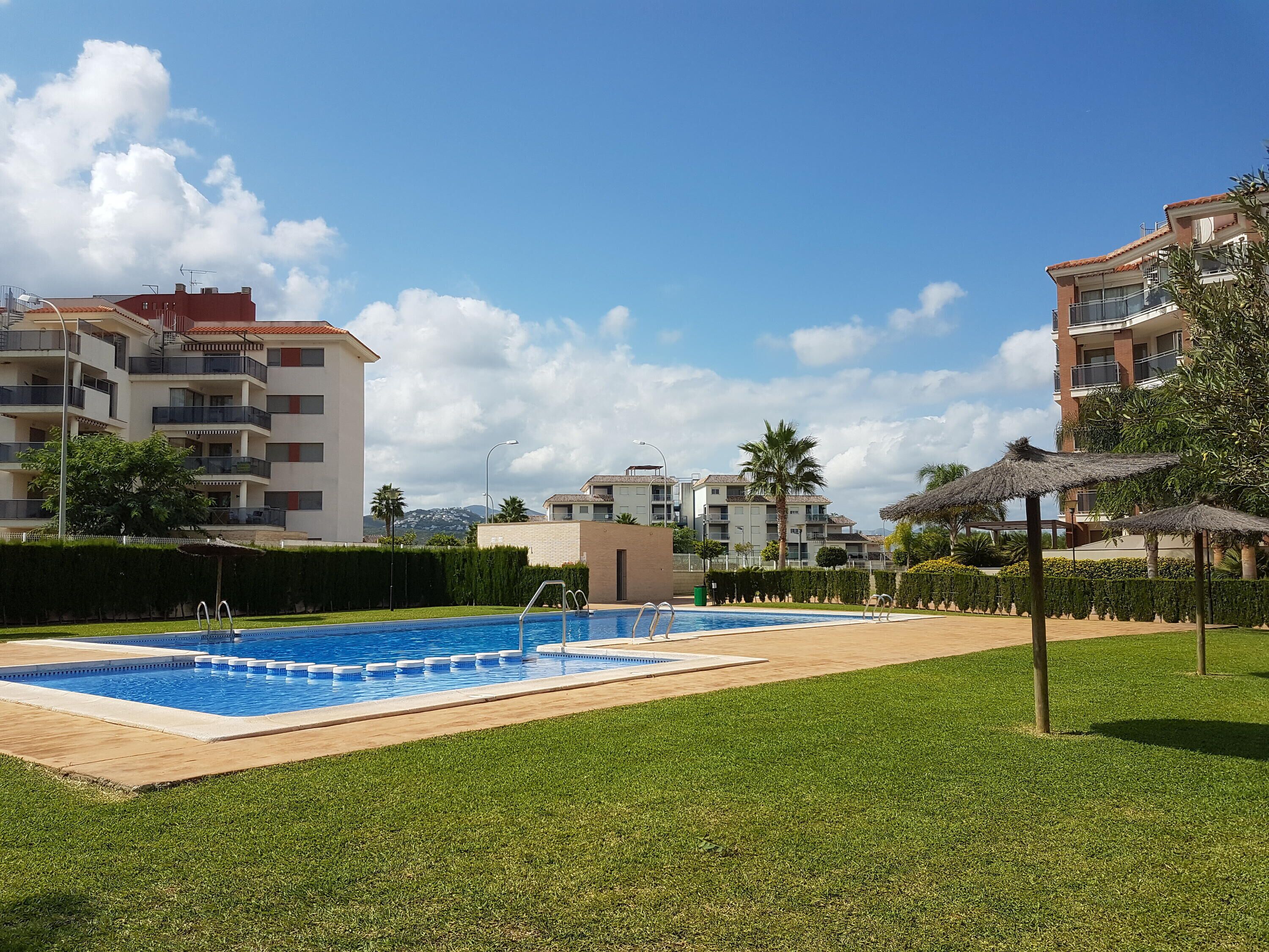 Une piscine entourée d’une pelouse bien entretenue, avec des immeubles d’appartements modernes en arrière-plan.