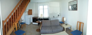 A compact living space with a kitchen, dining area, and a sofa. - House 3 people, 2 bedrooms in the city center. Comfort (Baron)