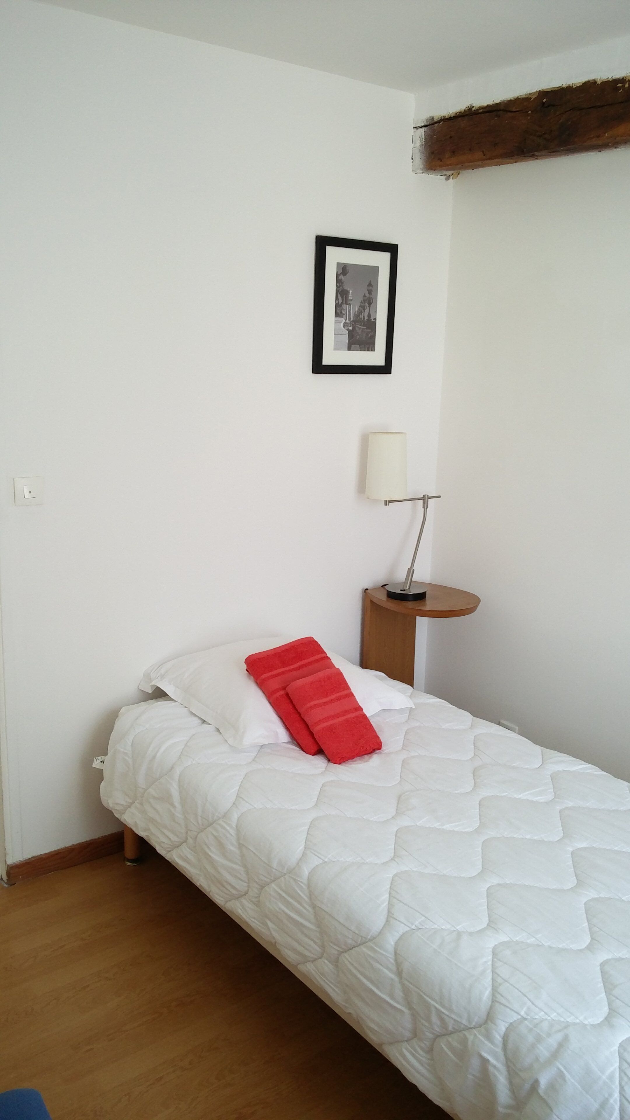 A single bed with a white quilt and a red pillow, a bedside lamp, and a framed picture on the wall.