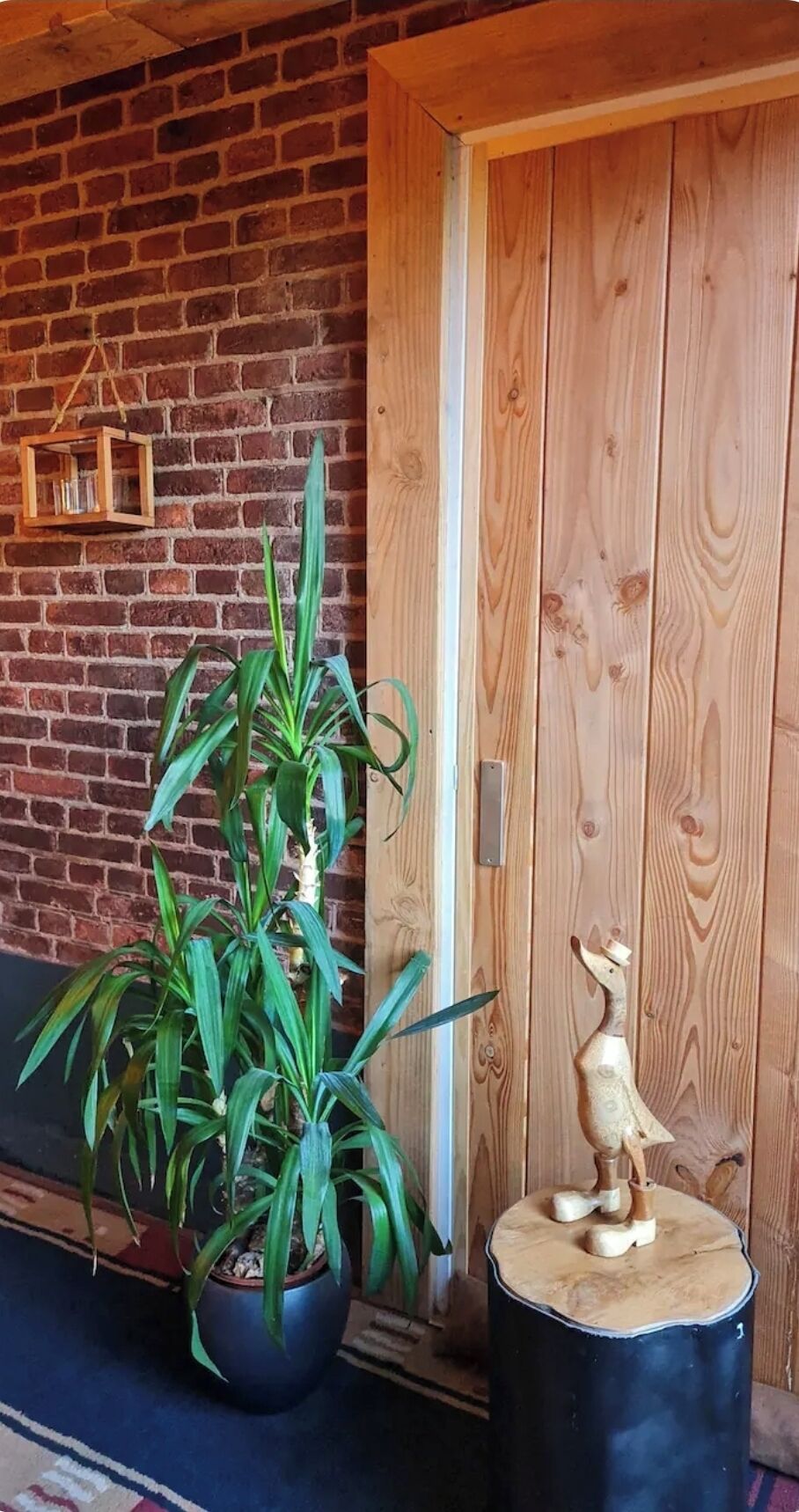 A wooden door with a brass handle, a potted plant with long green leaves, and a wooden sculpture on a black stool.
