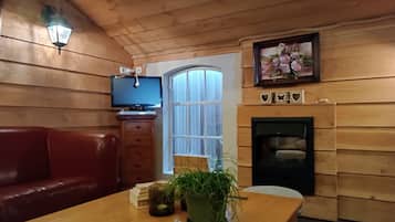 Een televisie en een open haard