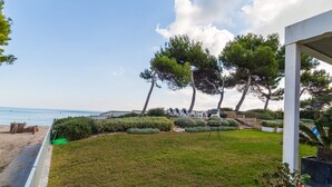 A beachside property with a grassy lawn, a wooden fence, and a row of sun loungers. - Las Gaviotas - Spectacular beachfront villa with garden in Platja de Muro (Muro (Platja de Muro))
