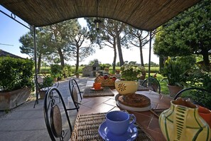 An outdoor dining area with a covered table, wicker chairs, and potted plants.