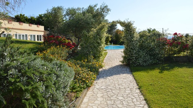 A stone pathway leading to a pool area surrounded by lush greenery and flowering plants. - Villa Collebelvedere - Apartment West - Home Restaurant (Fara Sabina (RI))