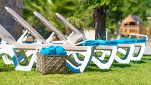 A row of white lounge chairs with blue towels and a woven basket on a grassy area. - Can Roig 113 fantastic finca with private pool, garden, children's area and air-conditioning (Alcúdia)