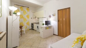 A compact living space with a kitchenette, a washing machine, a TV on a small table, and a wooden door. - Castellani Apartment (Firenze)
