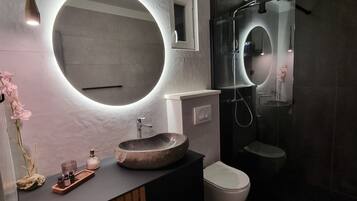 Shower, hair dryer, bidet, towels
