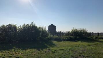 A grassy field with a wooden structure in the distance, surrounded by a wooden fence and dense shrubbery.