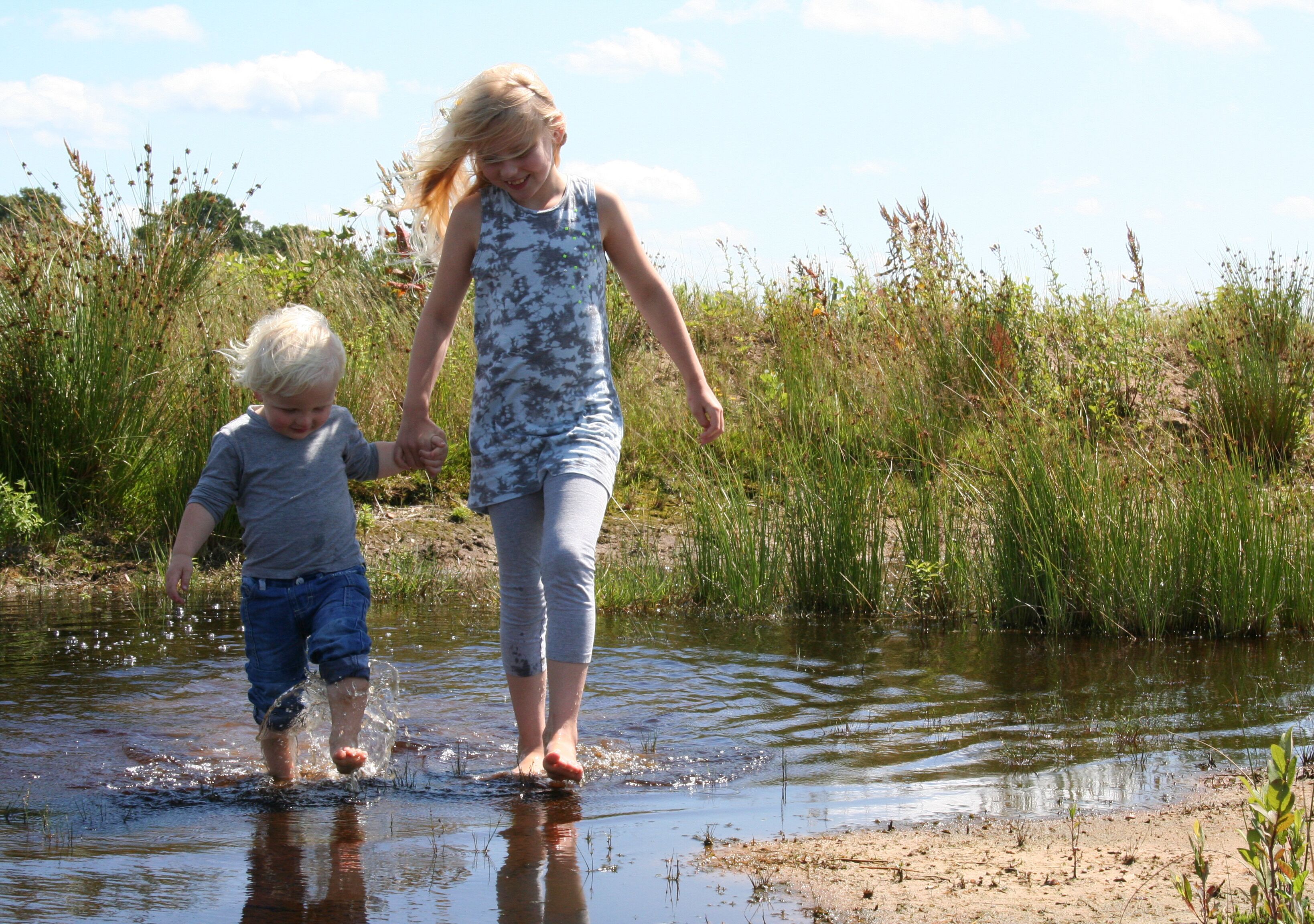 Two people walking through a shallow water body surrounded by tall grass and vegetation.
