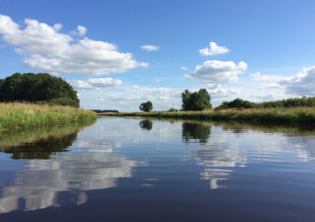 A calm river with trees on both sides and a clear sky.