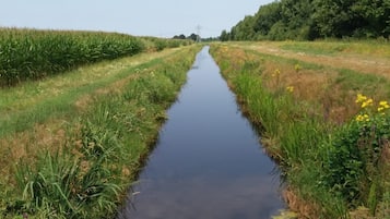 A narrow water channel flanked by grassy fields and trees under a clear sky.