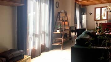 Televisión, chimenea, libros y biblioteca musical