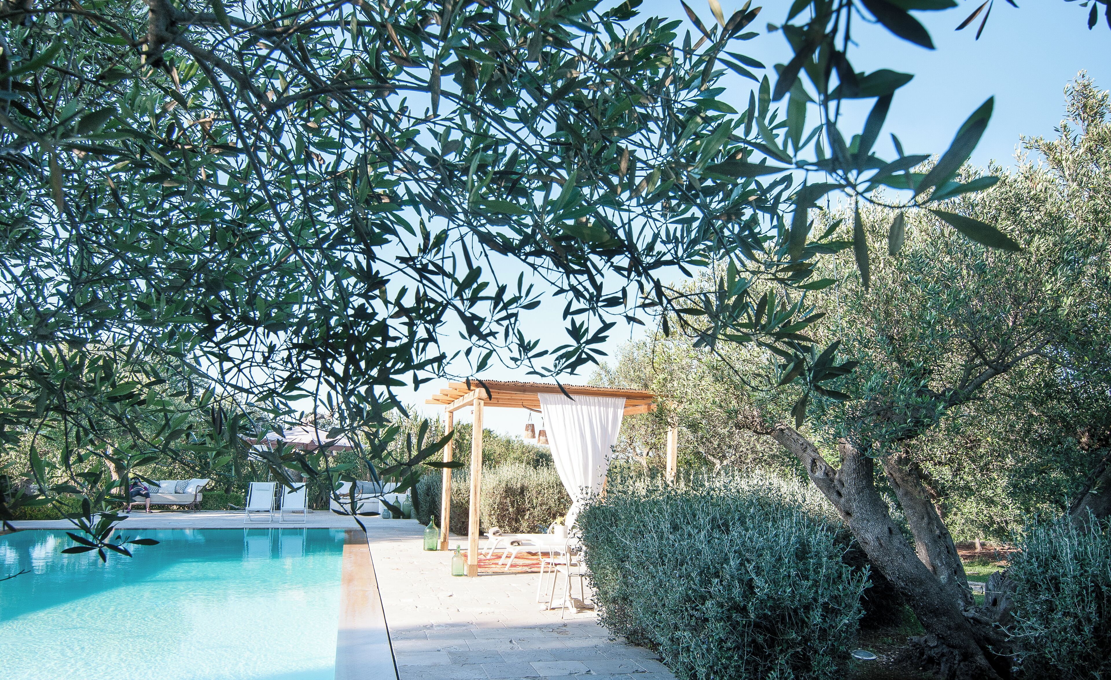 Ein Schwimmbecken, umgeben von Grün, eine Pergola mit weißen Vorhängen und Sitzgelegenheiten im Freien.