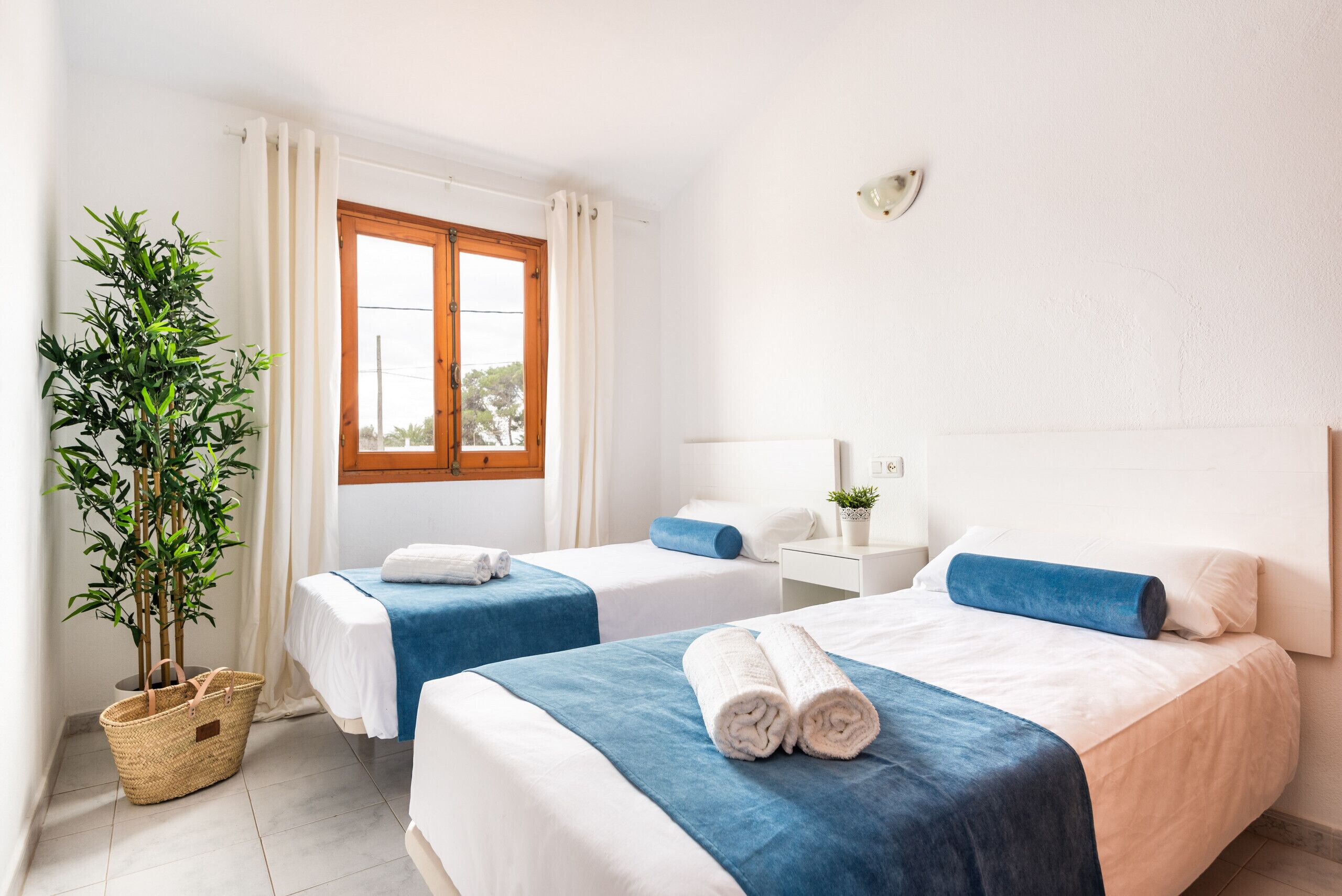 Une chambre d’hôtel avec deux lits, une fenêtre avec des rideaux, une plante en pot et une table de chevet avec une lampe.