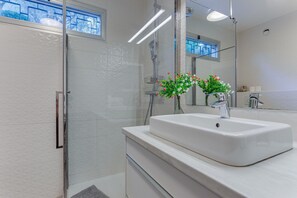 Shower, hair dryer, towels